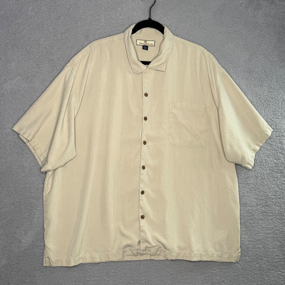Tommy Bahama Mens XXL Beige 100% Silk Herringbone Short Sleeve Button Down Shirt